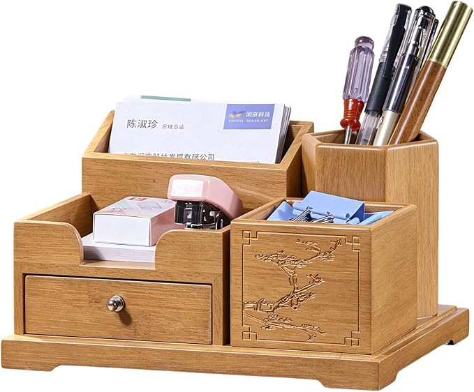 Bamboo Desk Organizer with Drawer & Pen Holder, Office Desk Caddy Storage | Natural Bamboo Wooden Desk Organizers and Accessories with Drawers Multi-Compartment Desktop Storage for Office Home Supplies