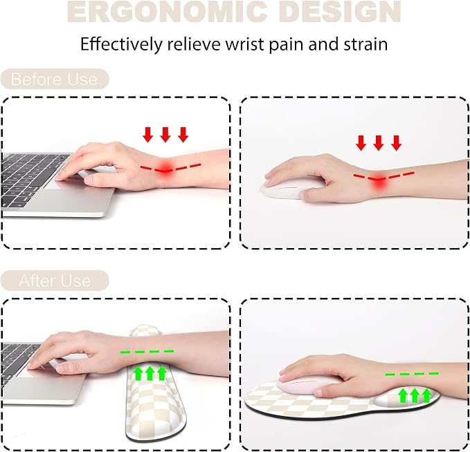 Ergonomic Mouse Pad with Wrist Rest and Keyboard Wrist Rest, Mousepad and Keyboard Pad, Non-Slip Rubber Base, Pain Relief, Mouse Pad with Wrist Support for Gaming, Computer, Office, Beige Checkered