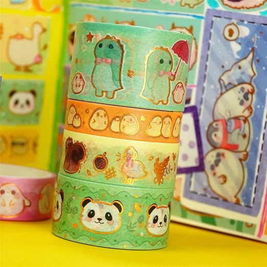 Cute Pets Washi Tape Set 13 Rolls Wide Gold Embellishment Decorative Masking Tapes for Arts, DIY Crafts, Journals, Planners, Scrapbook, Wrapping (Animal Kindergarten)