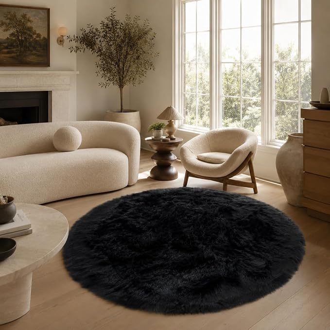 EasyJoy Faux Sheepskin Rug, Fluffy Faux Fur Rug, Ultra Soft Shag Area Rug with Non-Slip Backing for Bedroom, Living Room, Nursery, Kids Room(4 x 4 ft Round, Black)