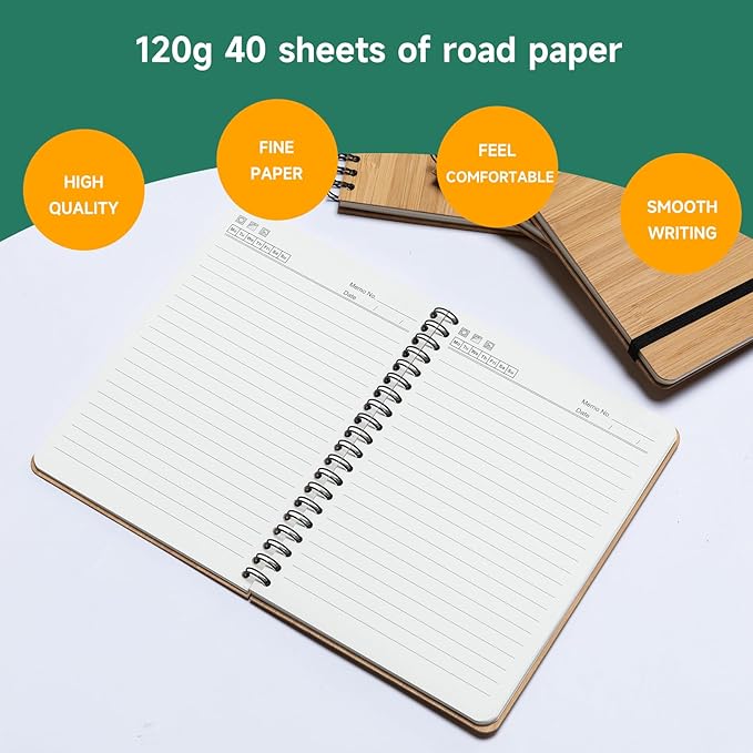 4 Packs Lined Bamboo Notebook Journals, Wooden Notebooks 80 Pages, 5" * 7" Hardcover Notebook College Thick Paper Notebook, Journaling Notebook for Work Women Men School