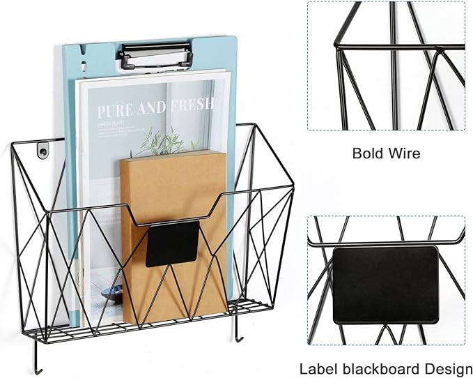 OYEAL Hanging Wall File Organizer Metal Wall File Holder 3 Pockets Mail Organizer Wall Mounted with Hooks for Office Home, Black