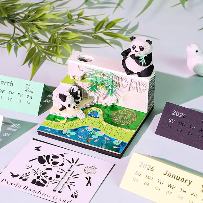 3D Art Calendar Memo Pad 2026, Tear Away 3D Paper Carving Time Piece Calendar Notepad Creative DIY Note,Bamboo Garden Panda