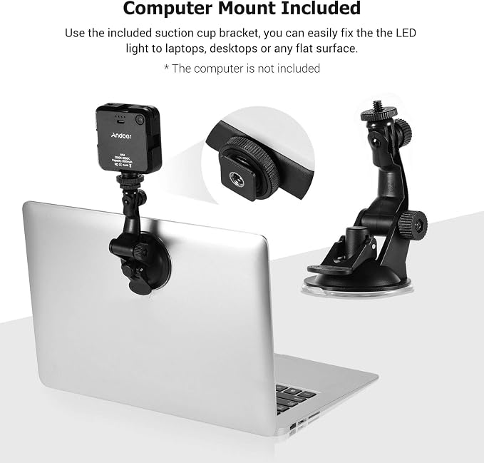 Video Conference Lighting Kit, Andoer LED Video Light with 2500K-6500K Dimmable Rechargeable 3 Cold Shoes and Suction Cup Mount for Laptop Live YouTube Streaming Online Meeting