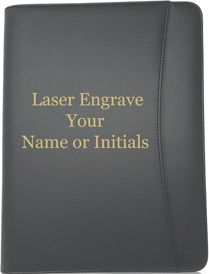 Customized Matt Black Zippered Portfolio Binder - Engraved PU Leather Business Portfolio Organizer - Padfolio for Men & Women with US Letter Notepad, 10.5" Tablet Pocket & Gift Box by Lautus Designs