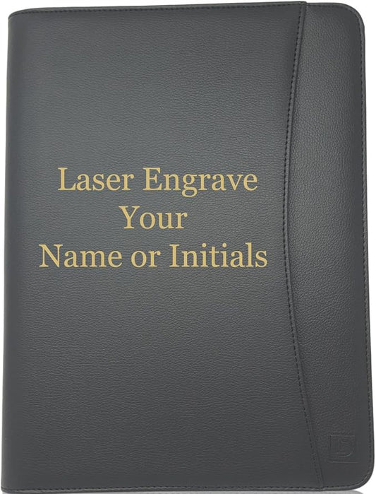 Customized Matt Black Zippered Portfolio Binder - Engraved PU Leather Business Portfolio Organizer - Padfolio for Men & Women with US Letter Notepad, 10.5" Tablet Pocket & Gift Box by Lautus Designs