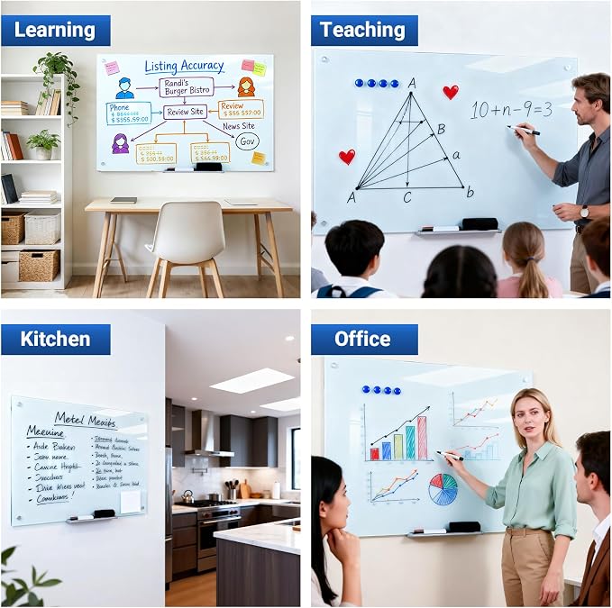 Magnetic Glass White Board 48 x 36, Tempered Frameless Dry Erase Board for Wall, Whiteboard for Office, Home & School