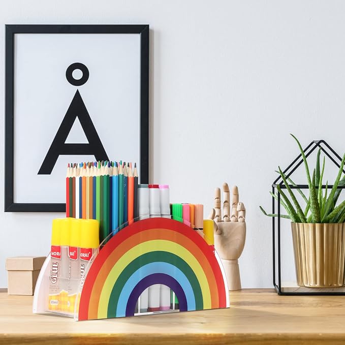 Acrylic Pen Pencil Holder Clear Desk Organizer, Rainbow Home Office Desk Pen Storage Stand, Corner Desktop Stationery Organizer for Women Kids Students School Art Supplies
