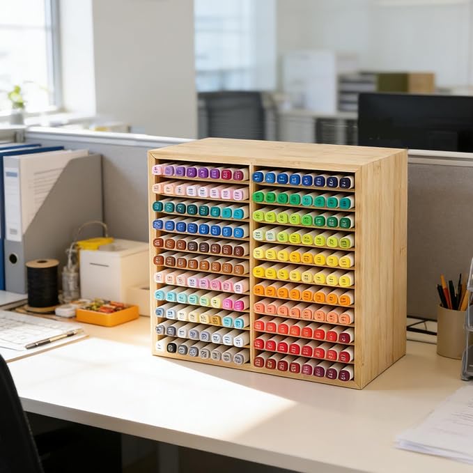 11-Tier Bamboo Marker Organizer with 22 Compartments - Holds 176 Art Markers, No Assembly Horizontal Storage Marker Rack, Bamboo Pen Holder for Desk, Classroom & Office Stationery