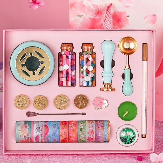 Wax Seal Stamp Kit - Wooden Warmer, 5 Floral Stamps, 120 Wax Beads & Washi Tape - Complete Set for Wedding Invitations & DIY Crafts