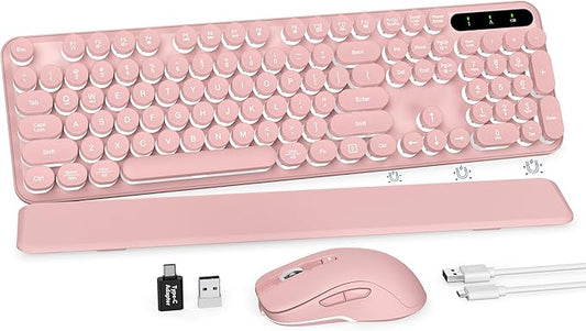 Wireless Keyboard and Mouse Combo, Round Backlit Keycaps, Retro Typewriter Keyboard with Detachable Wrist Rest, Rechargeable & Tilt Legs, 2.4GHz Cordless Connection for Windows/PC (Glowing Pink)