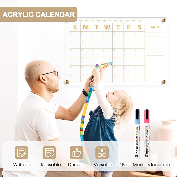 Large Acrylic Calendar for Wall, 24" X 16" Golden Clear Acrylic Wall Calendar, Clear Wet & Dry Erase Calendar Hanging Frameless Monthly Planner for Office, Home or School, 2 Markers