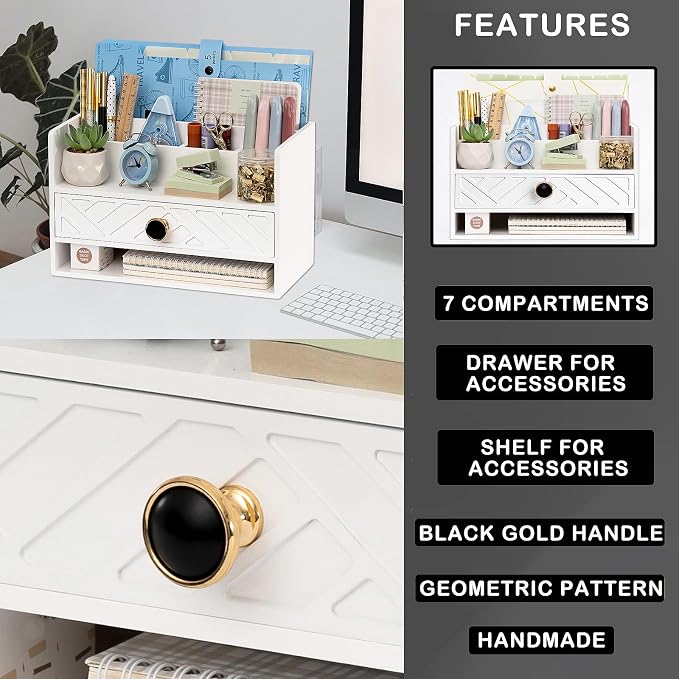 dreampossible white Wood Desk Organizer and Accessories with Drawer, Bill Mail Organizer and File Mail Holder for Office Supplies, Desk Accessories & Workspace Organizers for Desk Organization