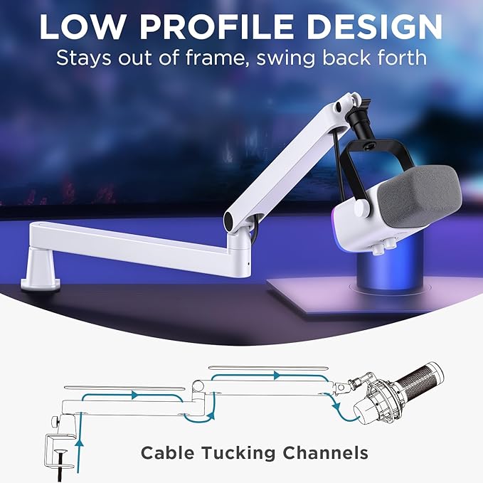 InnoGear 2026 Upgraded Microphone Boom Arm, Magnetic Cable Management Low Profile Mic Stand 360° Rotatable Desk Mount for Fifine AM8 K669B Blue Yeti HyperX QuadCast SoloCast AT2020, White