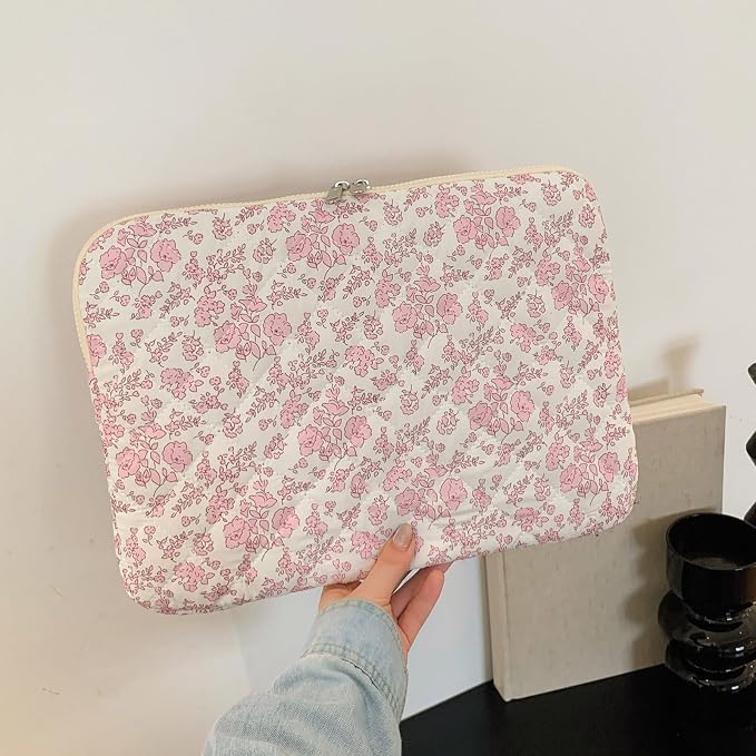 Puffy Laptop Sleeve 13-15.6 Inch Cute Quilted Laptop Protective Case Padded Floral Computer Sleeve for MacBook (B-Pink Floral, 15 Inch)