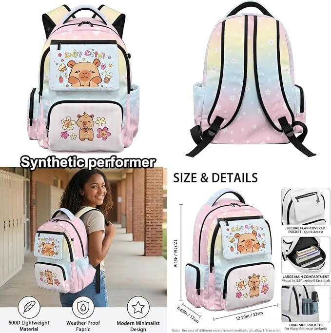 WELLFLYHOM Capybara Milk Tea Backpack for School Kids Girls 7-8 4PCS Book Bag with Lunch Bag Pencil Case Waterbottle Sleeve Back to School Supplies