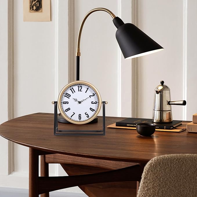 Silent Analog Desk Clock - Vintage Battery Operated Mantel | White Round Wooden, 10.4 Inch, Farmhouse Rustic Decor, Bedroom Living Room Office, No Tick Silent Gift