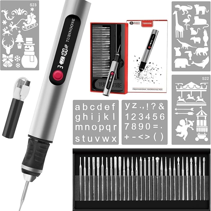 TUBINOONE Engraving Pen, Ultimate Cordless Portable Tool for Artists & DIYers - Engrave 50+ Surfaces - Beginner Friendly - Rechargeable - Free 30 Bits & Mastery Guide & Stencils (Silver)