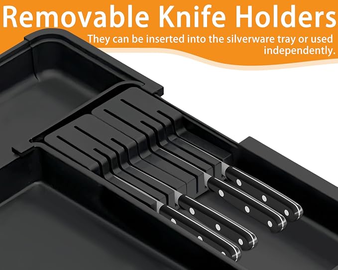 Large Utensil Drawer Organizer for Kitchen, Expandable Silverware Organizer Utensil Holder, Cutlery and Flatware Cooking Tray, Kitchen Drawer Organizers and Storage with Removable Knife Block, Black
