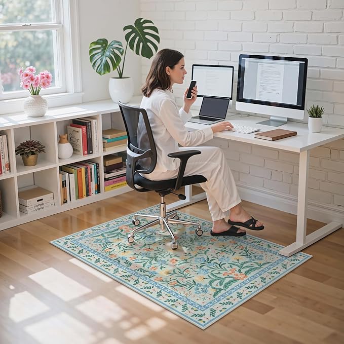 Anidaroel 36"x48" Office Chair Mat for Hardwood Floor/Tile, Anti-Slip Boho Desk Mat for Chairs, Tea Green Office Floor Mat, Low Pile Floor Protector for Rolling Chair, Floral Under Desk Rug