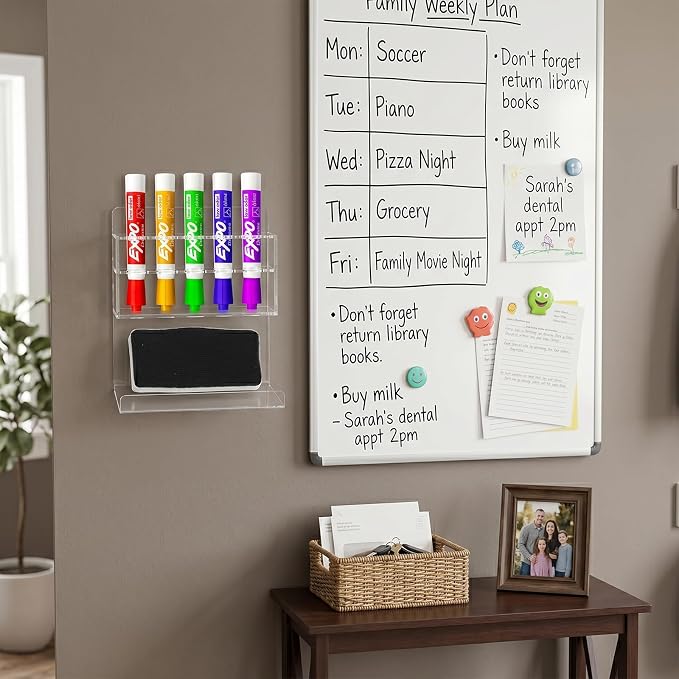 MyGift Wall Mounted Clear Acrylic Dry Erase Marker Holder Organizer for 5 Markers and Eraser, Hanging Whiteboard Accessories Rack for Office Home Dorm Classroom Meeting Room