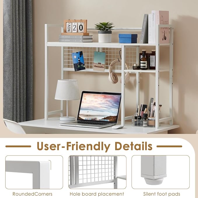4-Tier Desk Hutch Shelf with Grid Panel, 39” Desktop Bookshelf for Monitor, Office & Home (White, 39")