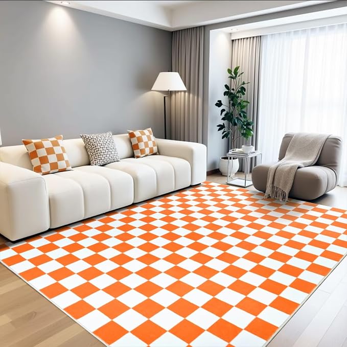 Terrug Orange and White Checkered Rug for Bedroom,4x6 Area Rugs Washable with Non Slip for Living Room,Soft Low Pile Stain Resistance Retro Carpet for Dorm Kids Room