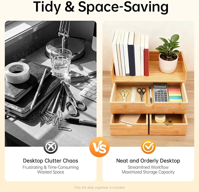 Desk Organizer, Office Vanity Bamboo Desk Organizer, Mini Bamboo Desk Drawer Tabletop Storage Box with 3 Drawer Night Stand Table Organizer for Makeup Vanity Office Supplies (3 Drawer, 1 Top+2 Bottom)