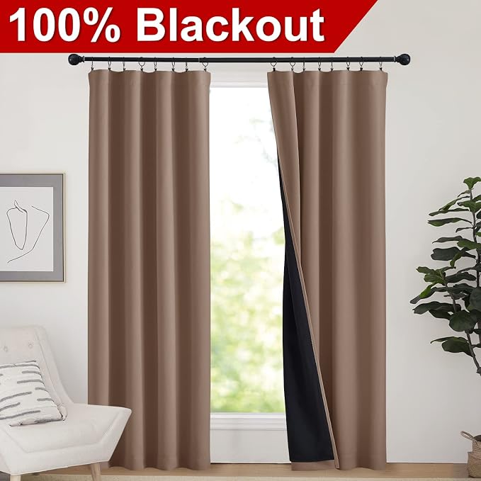 NICETOWN Warm Curtains for Winter, 100% Blackout Curtains Thermal, Noise Reduction and Privacy Curtains for Patio Door, Black Lined Blackout Drapes with Rod Pocket, Cappuccino, 1 Pair, W42 x L84