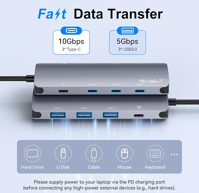USB C Hub 10Gbps, USB C Splitter with 4K@60Hz Video Output, 100W PD Charging, Data Transfer, USB4 Multiport Dongle Adapter Extender for MacBook Pro/Air, iPad Pro, Dell, HP and More Type C Devices