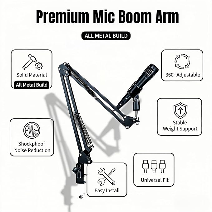 Microphone Boom Arm Stand, Adjustable Desk Mount Scissor Arm with 360° Rotation, Heavy Duty Metal, for Podcast, Recording, Streaming, Gaming, Voice-Over, Studio, Home Office – Black