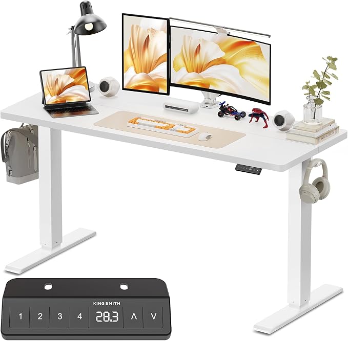 WALKINGDESK 55x24 Inches Height Adjustable Electric Standing Desk with 2 Hooks for Home Office, Ergonomic Sit Stand up Desk with Splice Board, White