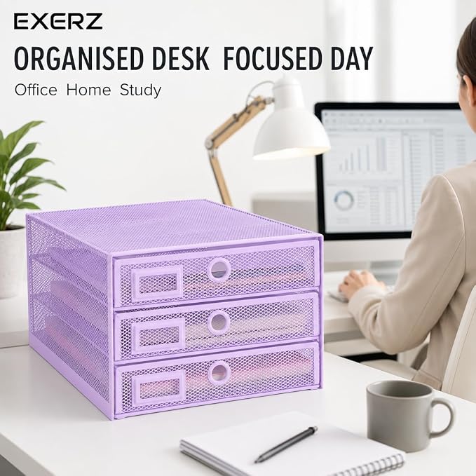 EXERZ Paper Sorter 3 Tier Drawers A4 / Multifunctional Desk Organiser/Letter Tray - Documents, Magazines, Notebooks and Letters - Light Purple | Desk Organiser Pull Out Trays Keep Files Letters Magazines Folders Notebooks Neatly Separated Easy To Reach