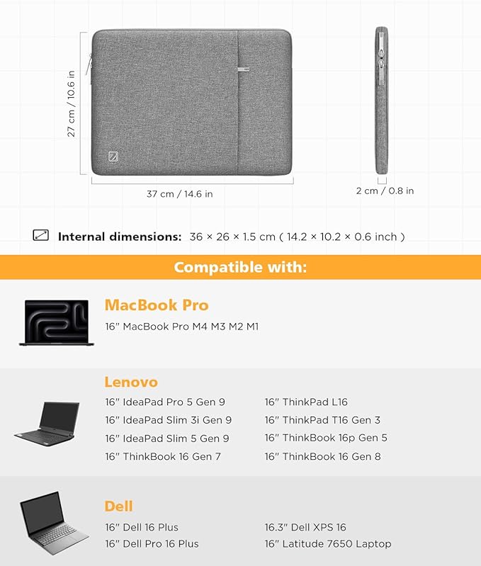 NIDOO Laptop Sleeve 16 inch Computer Carrying Case Cover for 16" Thinkbook 16p/ T16 Gen 3/ E16 Gen 2/ L16 / T16 Gen 3/16" MacBook Pro M4 M3/ Dell 16 Plus HP ASUS Samsung
