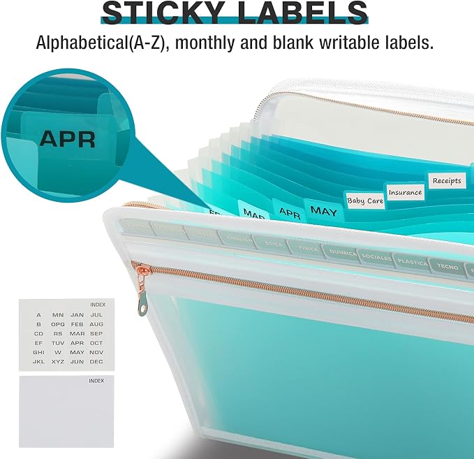 H4D 13 Pocket Expanding File Folder Organizer with Front Clear Pounch, Accordion File Organizer with Zipper Clourse, Fit for Letter Size Papers, Teal