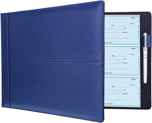Antner 7 Ring Business Checkbook Binder for Business Checks, 600 Checks Capacity, PU Leather Check Book Binder Cover with Zipper Pouch, Executive Organizer Portfolio Holder for 9x13 Sheets, Navy Blue