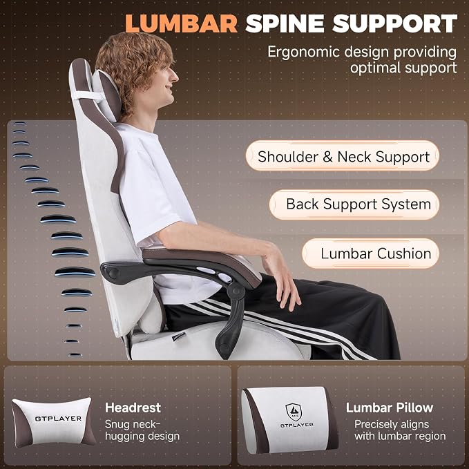 GTPLAYER Gaming Chair with Footrest, Ergonomic Office Chair 400lbs Heavy Duty, Big and Tall Computer Desk Chair with Lumbar Support and Headrest, Breathable Tech Fabric, 90-155° Recline Brown