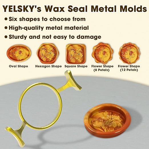 Yelsky 6PC Metal Wax Seal Kit with Round Flower Oval Square Hexagonal Mold Shapes for Stamp, Silicone Mat for Sealing, Wax Mold for Wedding, Valentine's Day Cards/Letters
