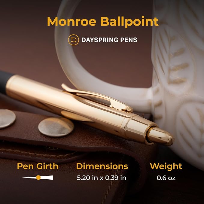 Dayspring Pens Monroe Gold Ballpoint Pen, 18K Gold Electroplated, Non-Customized, Click Action, All Metal, Medium Point Black Ink, Gift for Graduation, Birthdays, Career Advancement, Gift Box