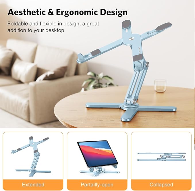 OMOTON 360° Rotating Laptop Stand Riser for Desk, Ergonomic Foldable Computer Stand Adjustable Height Angles for Collaborative Work, Easy Storage Fit Macbooks,All Laptops up to 16 inches,Sky Blue