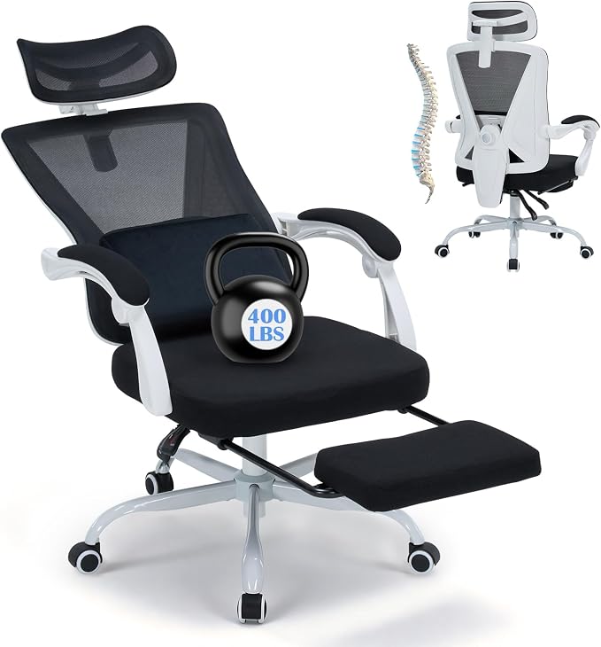 Ergonomic Home Office Chair with Footrest - Adjustable Lumbar Support & 3D Headrest, 90-160° Reclining Mesh High-Back Rolling Work Swivel Computer Chair-400lbs Capacity (White & Black)