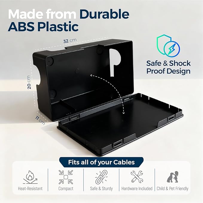 Cable Management Box with Included Mounting Hardware – ABS Cord Organizer (12,7 x 7,8 x 4,5 in) | Heat-Tolerant Power Strip & Cable Storage | Wall-Mountable or Floor Use