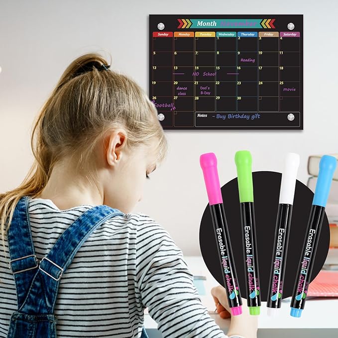 Glass Dry Erase Whiteboard, Color Monthly Calendar Whiteboard, 12" x 16",Frameless Glass White Board for Home, School, Office, Black Surface(Boli-Color-3040)