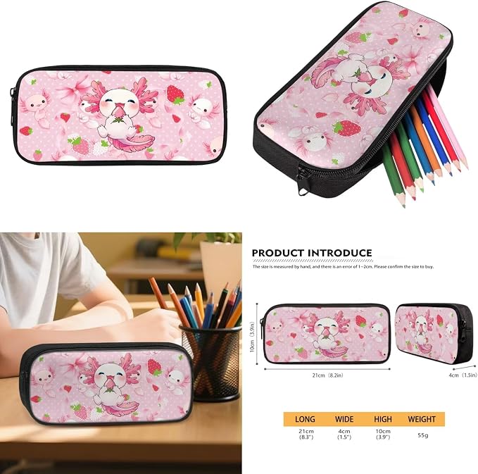 WELLFLYHOM Axolotl Strawberry 8-12 Girls School Bookbag Set Kids Backpack and Lunchbox Pencil Case Water Bottle Lightweight Daypack Gift for Back to School Season