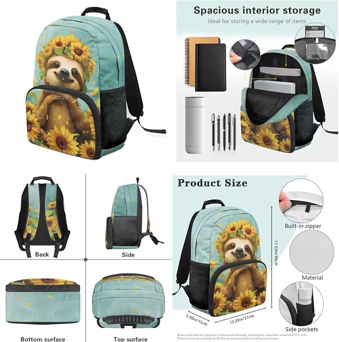Ystardream Cute Sloth Backpack for School Girls Backpack with Lunch Box & Pencil Case & Water Bottle Sleeve for Kids 4-in-1 Bookbag Set Elementary Kindergarten School Supplies for Girls Schoolbag