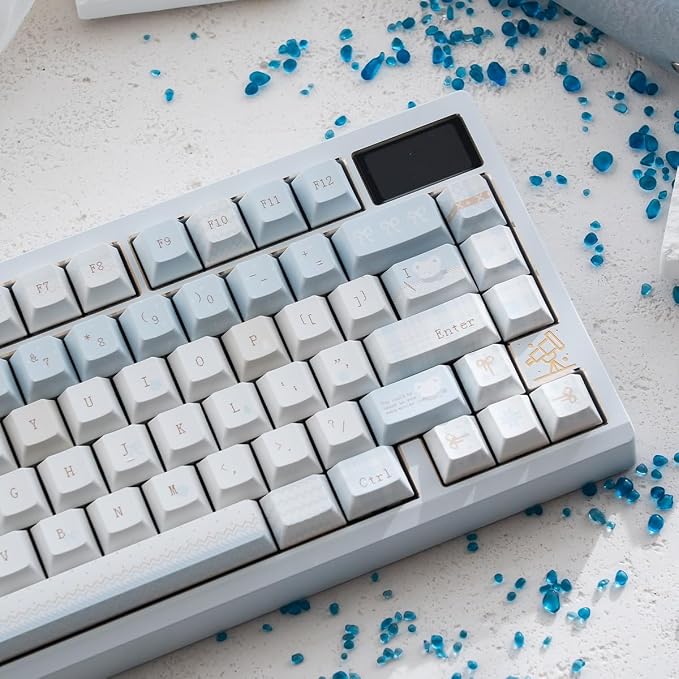 PBT Keycaps, Minimalist Blue Keycaps Set, 136 Keys Cherry Profile Keyboard Caps, Custom Dye-Sublimation Key Cap for 61/64/68/84/87/100/104/108 Cherry MX Mechanical Keyboards (Winter Letter)
