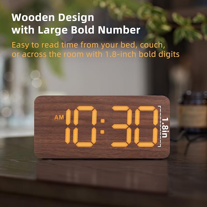uscce Wooden Digital Alarm Clocks for Bedrooms with 0-100% Dimmable Display | Desk Clock with Large Numbers for Living Room - Loud Dual Alarm for Heavy Sleepers with Volume Control - Wood Decor & Gifts