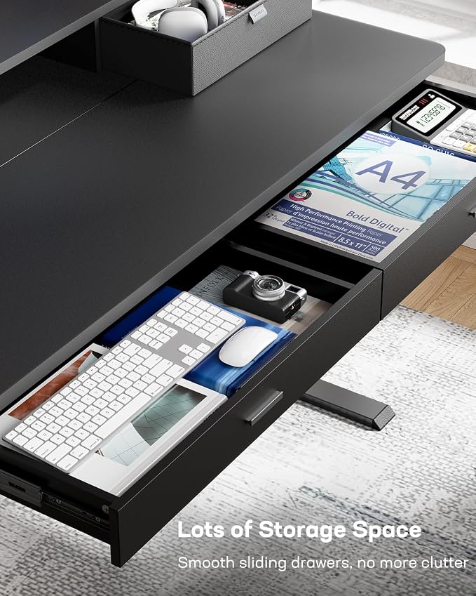 HUANUO 55 x 30 inch Electric Standing Desk with 2 Wood Drawers, Adjustable Height Sit Stand Desk for Home Office, Ergonomic Stand up Desk with 4 Memory Presets, 176 lbs Capacity, Black Top