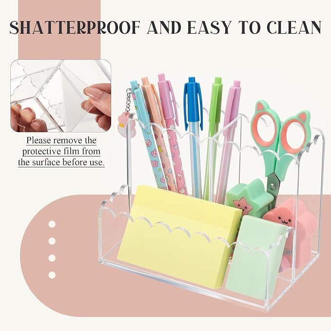 Scalloped Acrylic Pencil Holder for Desk, Clear Pen Organizer with 3 Compartments, Marker Makeup Brush Holder Remote Caddy for Home, Office, Bathroom, Classroom, Table