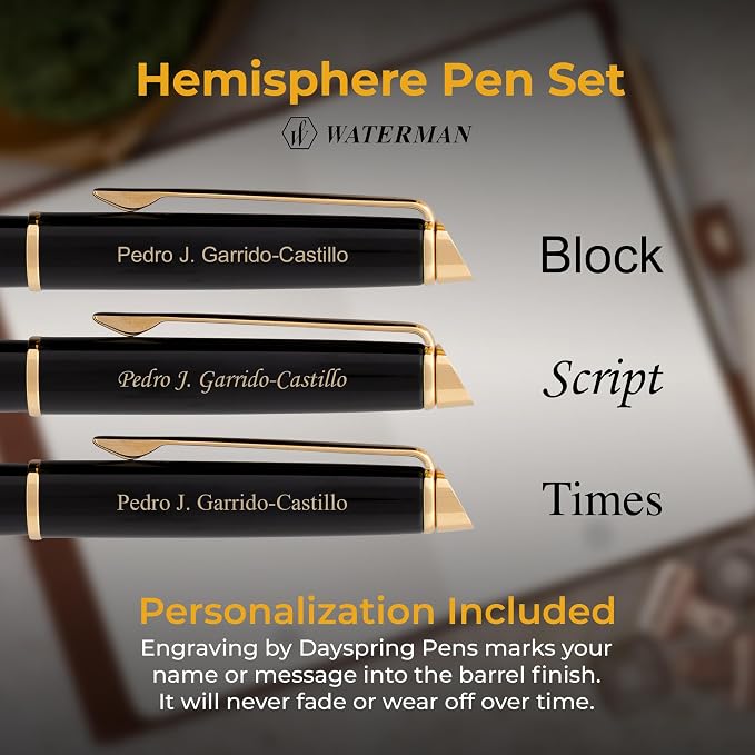 Waterman Hemisphere Engraved Fountain and Rollerball Pen Set, Black Lacquer with 23K Gold, Matching Engraving on Both Caps, Mysterious Blue Ink, Gift for Retirement, Board Members, Career Advancement